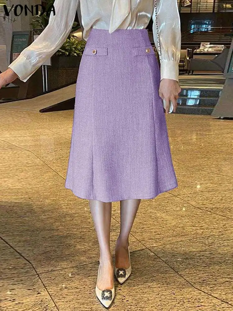 

2023 VONDA Women Summer Elegant Ruffled Skirts High Waist Solid Color A-Line Skirt Ladies Casual Loose Midi Skirt Streetwear