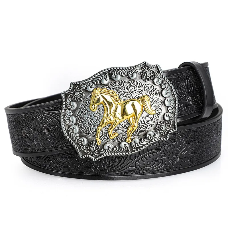 Vintage trendy horse head alloy buckle belt for men, personalized and creative ethnic style belt, EU cross-border bestseller