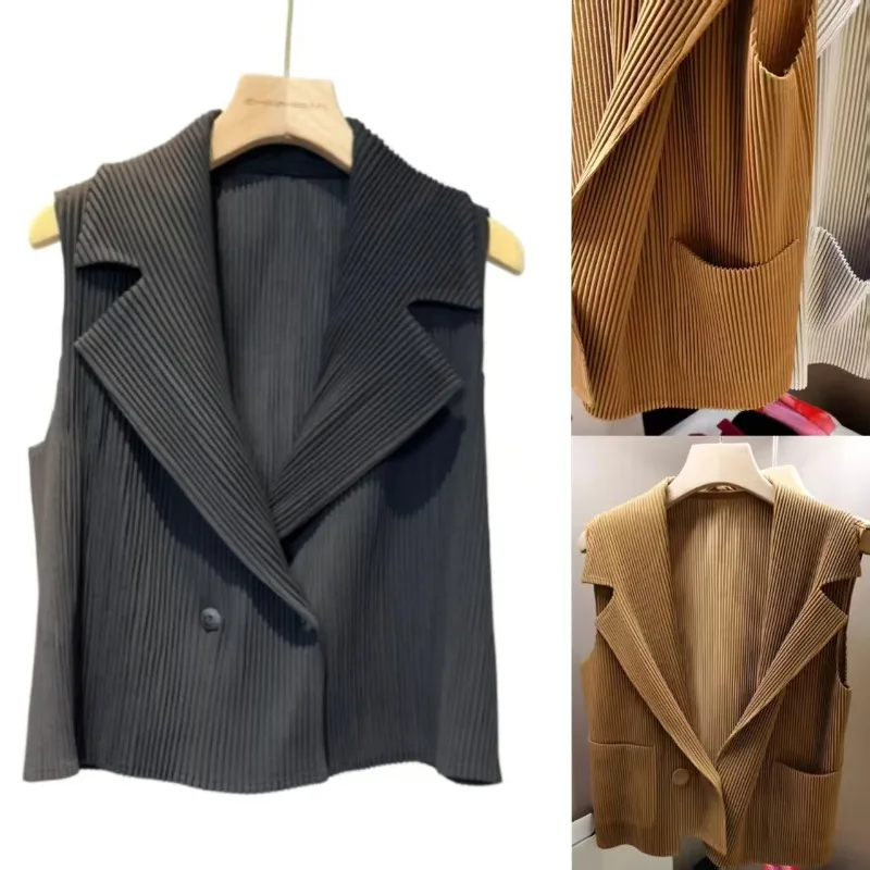 

Miyake Pleated Vests Collar Vest Women 2025 New Summer Pleat Hundred Commuter Sleeveless Undershirt Outwear Layered Vest Jacket