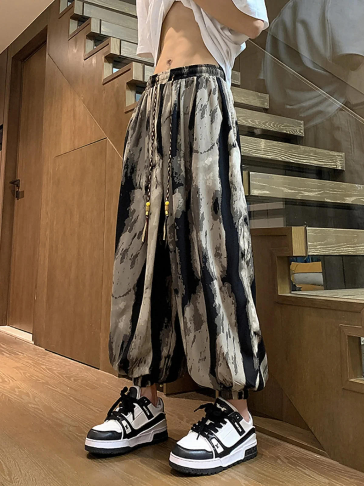 

Loose Fit Ice Silk Tie Dye Pants Men's Summer Thin New Chinese Sle Lantern Pants Casual Drapey Loose Cuffed Trousers