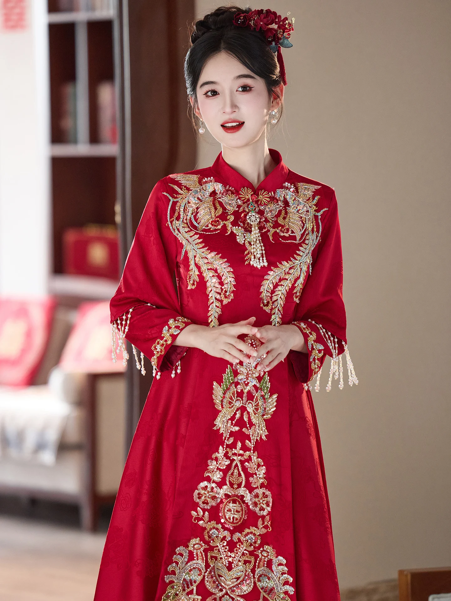 

Свадебное платье для невесты больших размеров: ципао с вышивкой, юбка А-силуэта со средней талией, топ с рукавом 3/4, официальная одежда