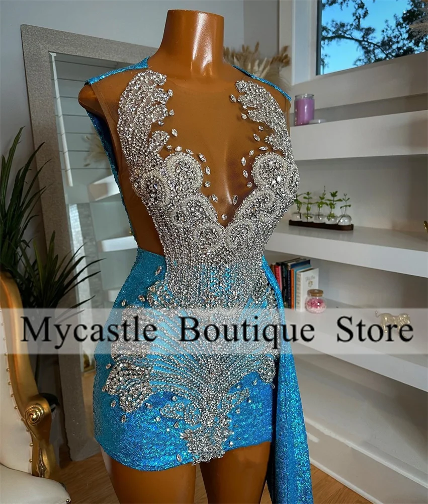 Sky Blue Sequins Short Prom Dresses 2024 Black Girls With Train Crystals Rhinestone Birthday Party Dresses Mini Cocktail Dresses