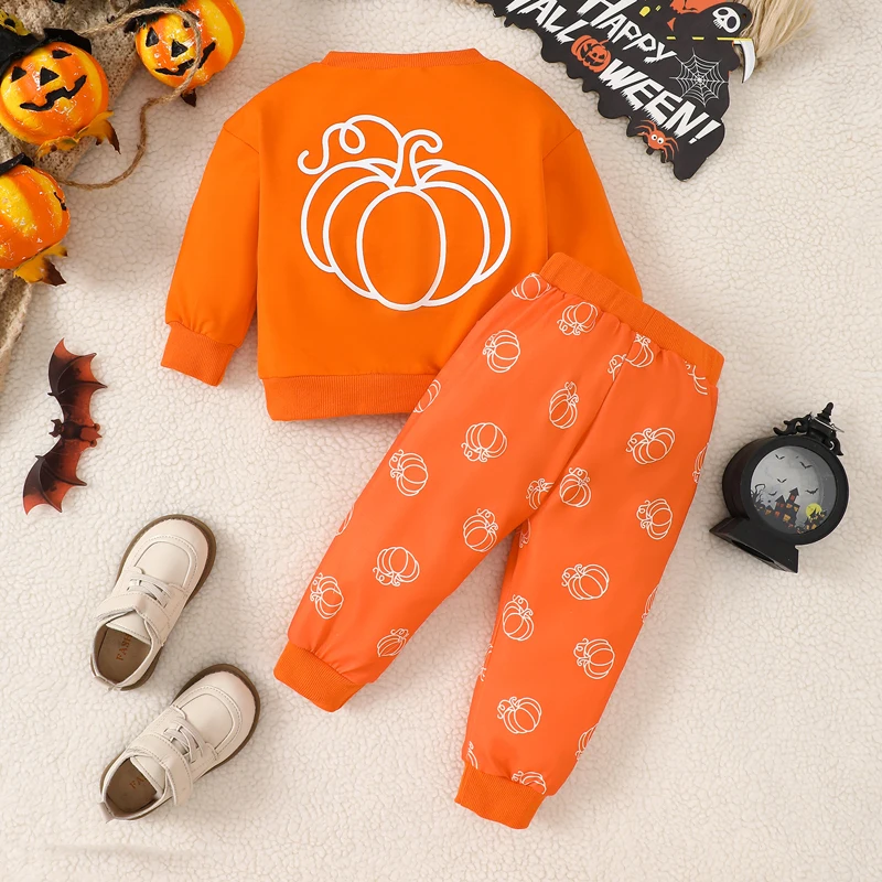 Kid Clothes Boys Halloween Outfits Girl Long Sleeve Round Neck Pumpkin/Bat Print Tops Pants Sets Children\'s Clothing