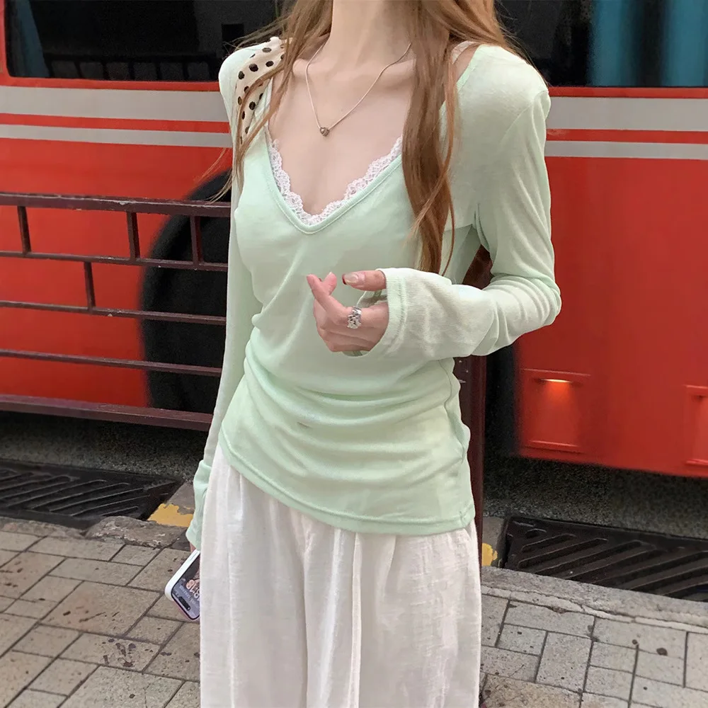 2026 Summer New Mint Green V Neck Long Sleeve T Shirt for Women Y2K Aesthetic Layered Lazy Casual Sun Protection Cover Up Top