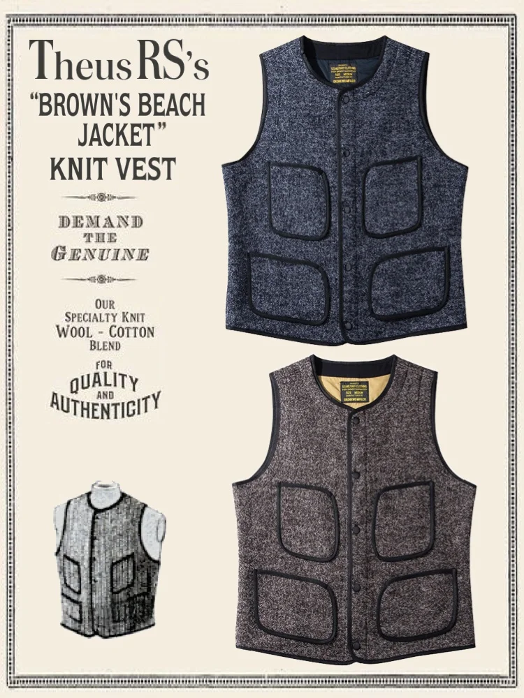 

BBJ Browns Beach Retro Pepper Salt Coarse Knit round Ne Multi ket Vest American Casual Faion Urban Sle Autumn Vest