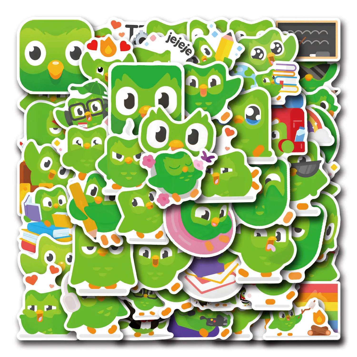 10/55PCS  Duolingo Stickers Learning Software Green Bird Cartoon Decals DIY Notebook Phone Stationery Fridge Decoration Toys