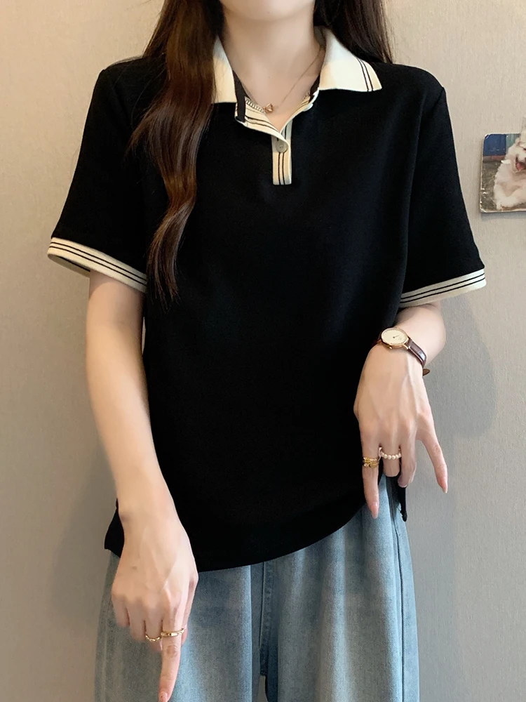 

Collar ort Sve T-irt Women Summer plus Size Slimming Design Casual Sle Color Blo Top for Young Ladies