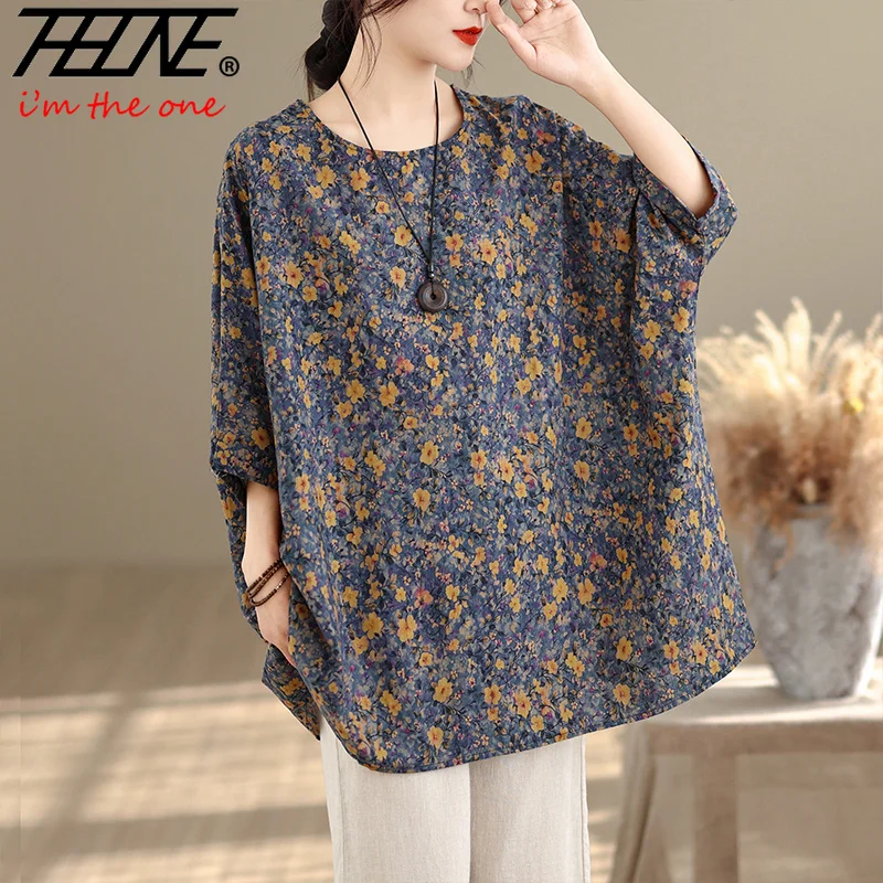 THHONE Blusa de Verano para Mujer, Camisa de Algodón y Lino Estampada, Holgada, Casual, Cuello Redondo, Manga Murciélago, Blusa Mujer, Camisas Oversize