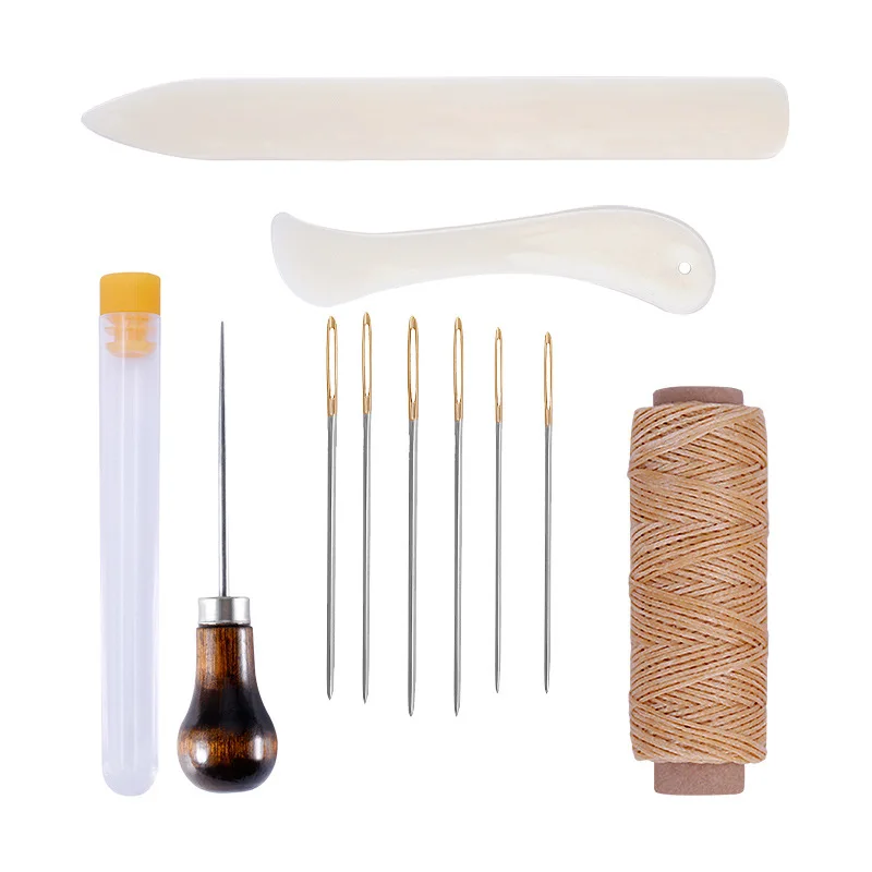 11 kit de encadernação artesanal de couro conjunto de ferramentas iniciais pasta de osso creaser de papel, linha encerada, furador, agulhas para diy