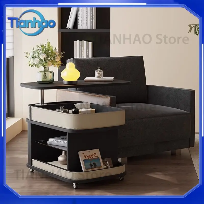 Adjustable Height Mobile Coffee Table for Small Living Rooms Home Use Trolley Side Table with Smoked Wood Grain and Saddle