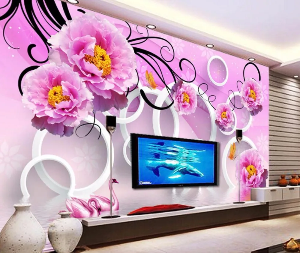 Papel de parede 사용자 정의 사진 벽화 벽 종이 장미 정원 핑크 장미 물 목가적 인 TV 배경 벽 3d 벽지