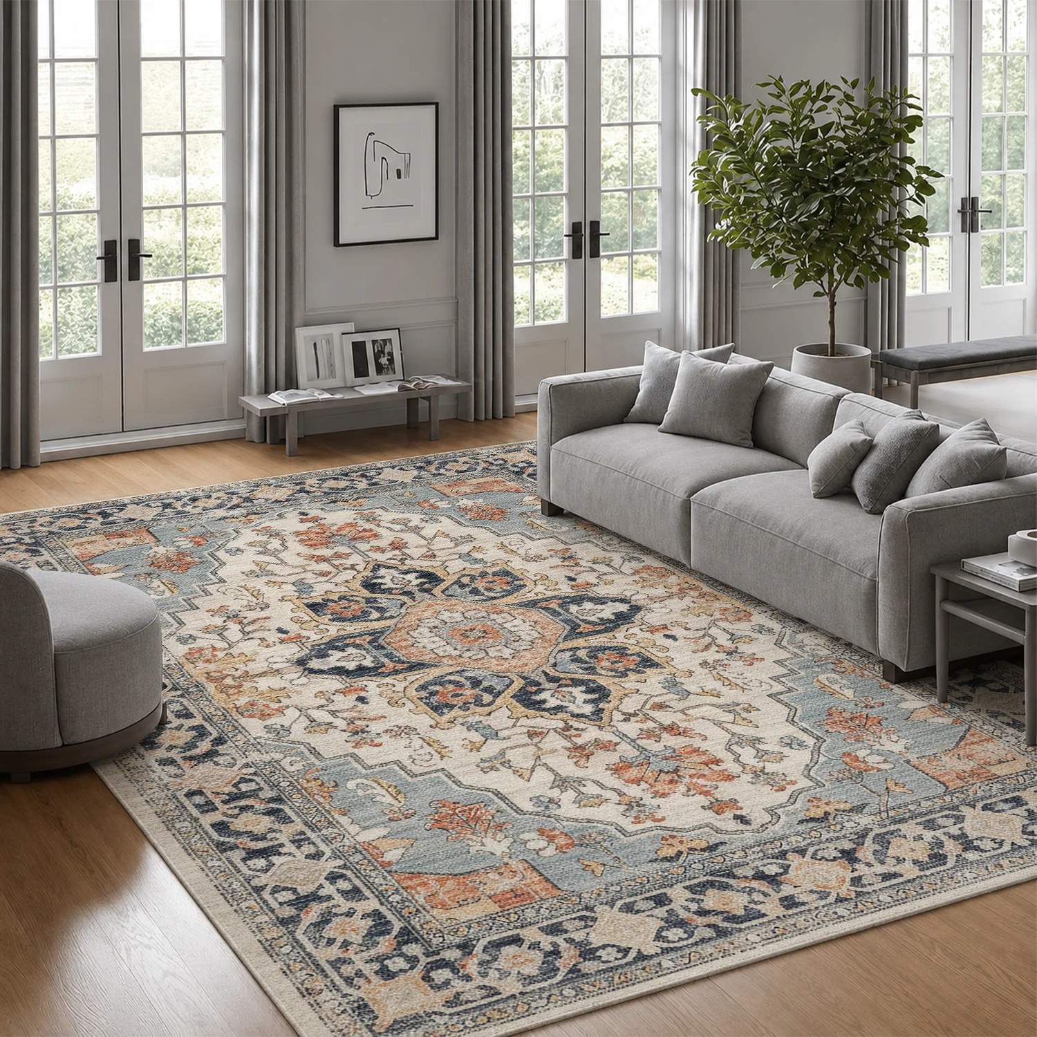 Large Indoor Area Rug, Soft Velvet Low Pile with Non-Slip Dotted Backing, Machine Washable Vintage Medallion Persian Style Floor Rug for Living Room, Bedroom, Entryway, Distressed Blue Terracotta Neutral Tones