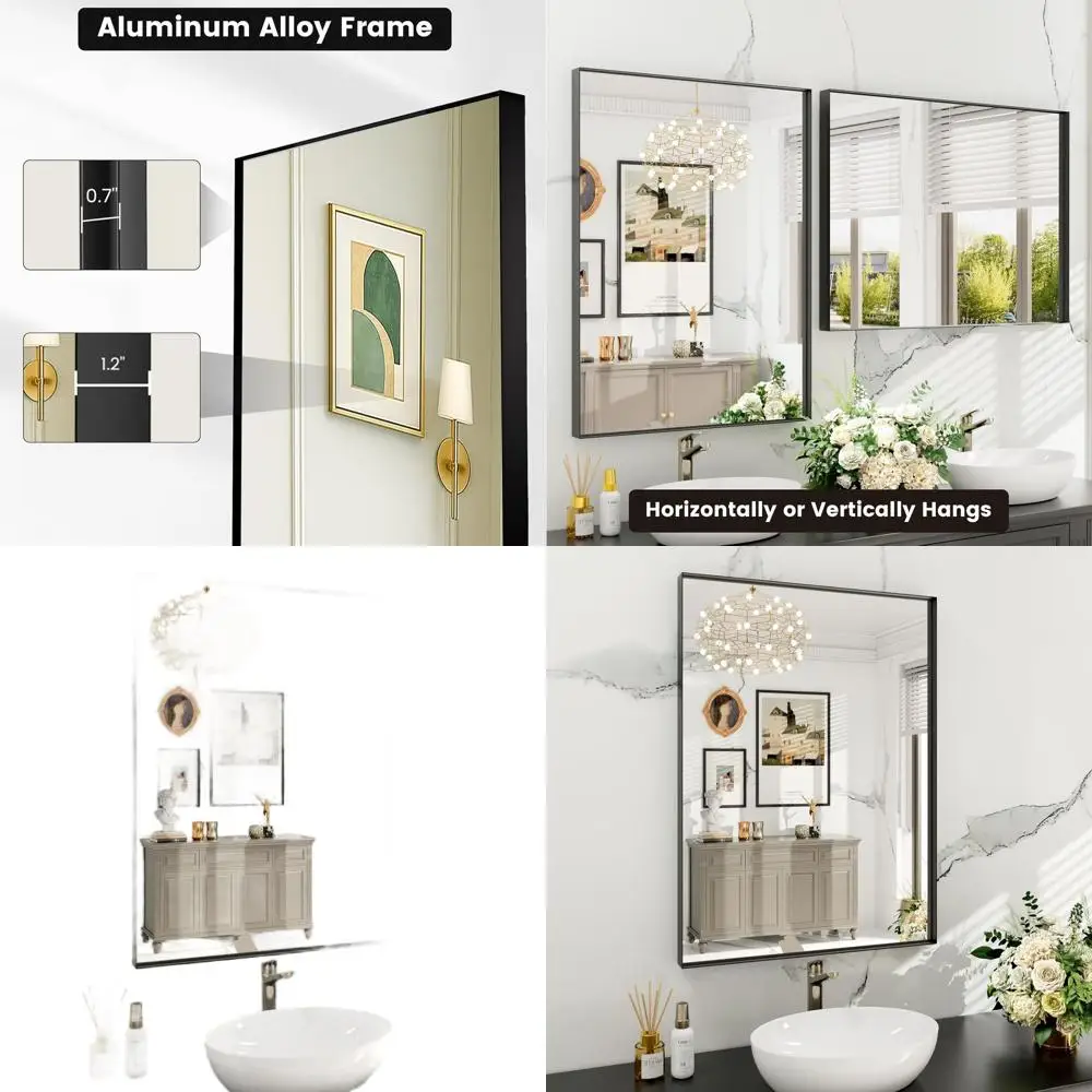 

24x32 Inch Black Square Wall-Mounted Vanity Mirror with Tempered Glass for Bathroom, Bedroom, and Living Room