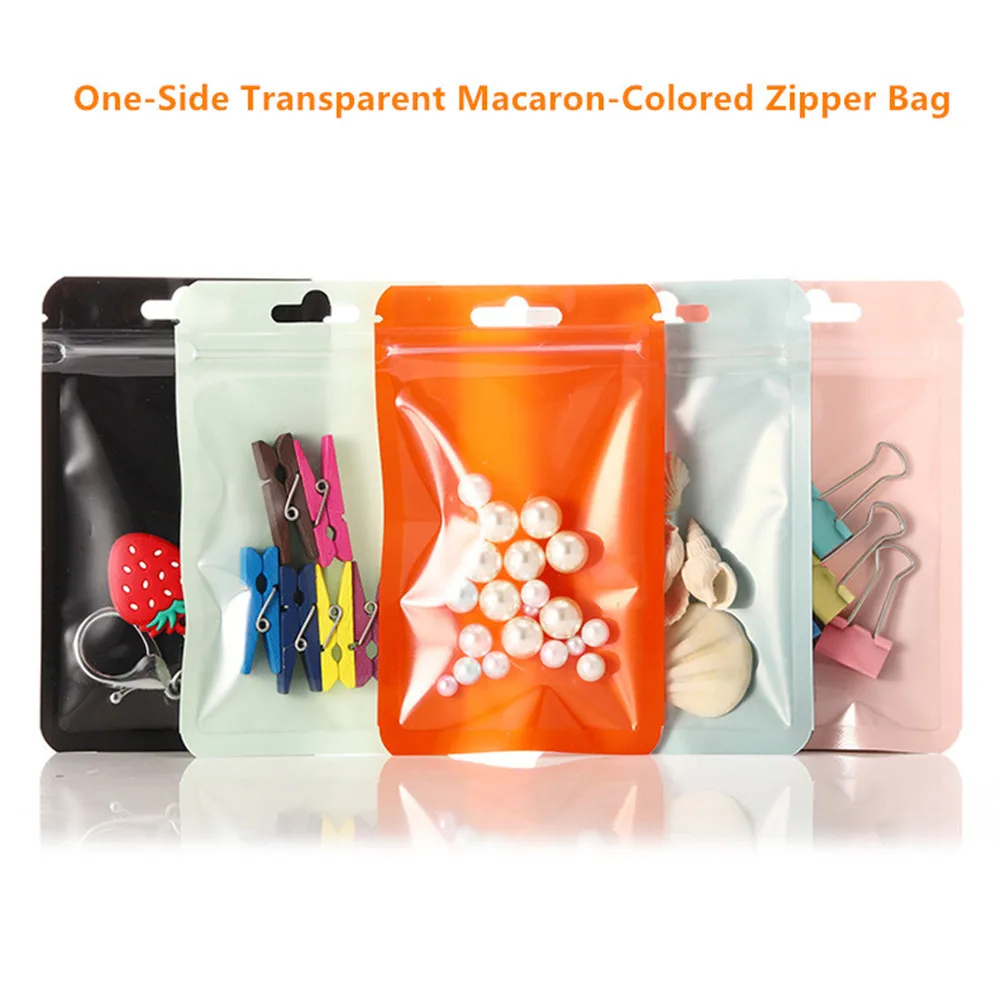 

100pcs Macaron Colored Resealable Bags with One Transparent Side - Reusable Zip Pouch with Hang Holes for Jewelry Craft Package