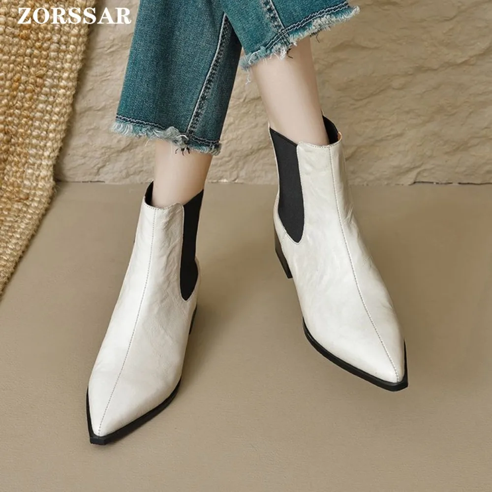 

Ankle Boots Women Chunky Mid Heels Leather Shoe Woman Pointed Toe 2025 Trend Winter New Goth Walking Snow Chelsea Botas De Mujer