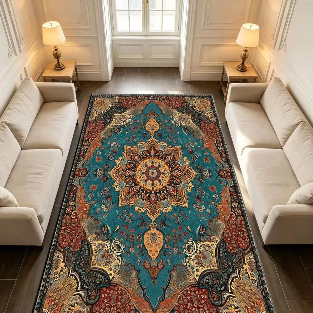 Vintage Oriental Medal Pattern Carpet Non-Slip Soft Floor Carpet Suitable for Living Room Bedroom Home Decoration