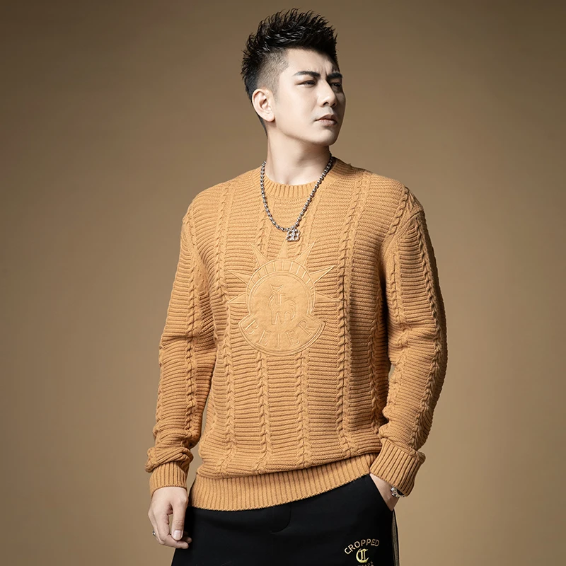 

Мужской вязаный свитер на осень-зиму, круглый вырез, модный бренд, свободный крой, длинный рукав, геометрический узор