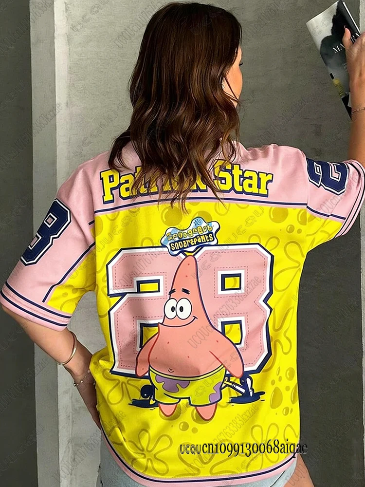Cartoon SpongeBob Print T-shirts For Women Summer V-Neck Patchwork Short Sleeve Sports Football Jersey Y2K Loose Oversized Tops image 2