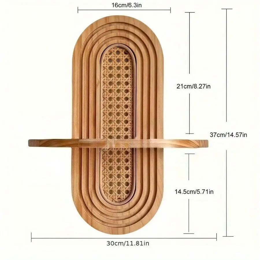 1pc Arched Bohemian Floating Shelf – Natural Wood & Woven Rattan Back, Easy Hanging, For Living Room/Bedroom/Bathroom (Displays