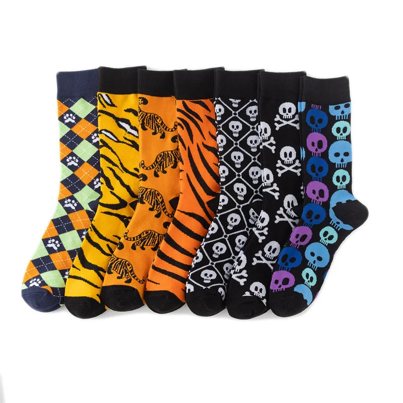 Fashion Skull Jacquard Youth Mid-Calf Socks Colorful Knitted Tiger Pattern Leopard Cartoon Casual Short Socks Wholesale