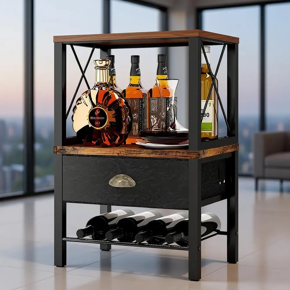 

4-Tier Freestanding Wine Rack with Glass Holder and Storage Drawer for Bar Cabinet in Living Room