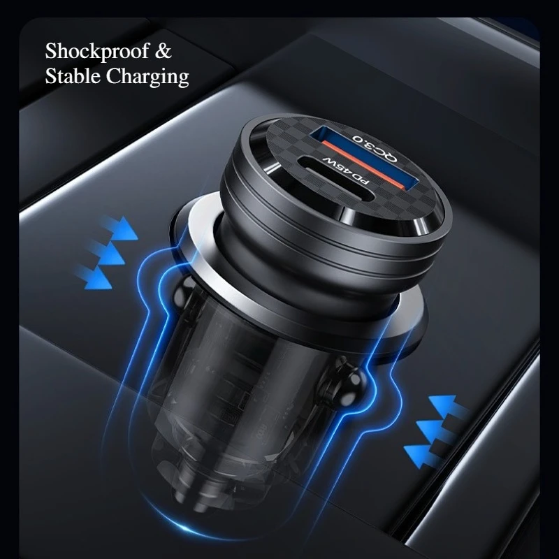 Mechanical-Style Transparent Design PD45W 2 Port Car Cigarette Lighter Charger with PD45W QC3.0 Super Fast Charging USB