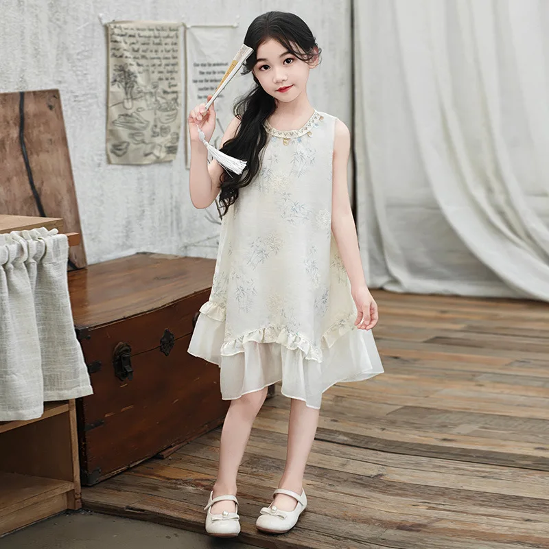 

Girls' Chinese-style jacquard dress for summer2026New stylish children's lace princess dress sleeveless tank dress