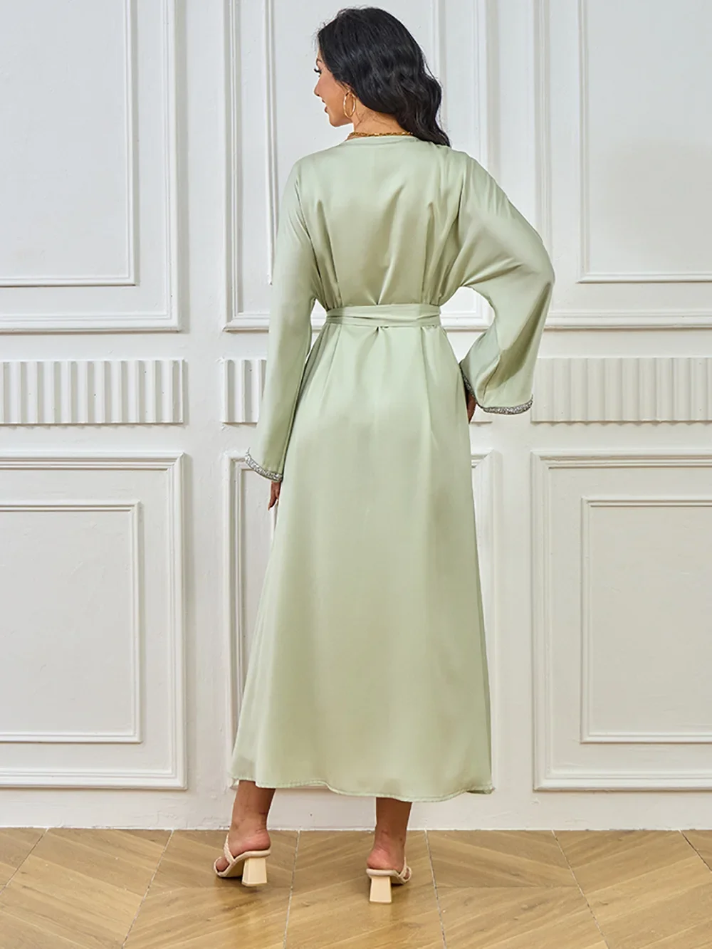 سترة عيد للنساء عباية ماسية من الساتان الإسلامي المغرب قفطان فساتين حفلات رمضان عبايات عربية طويلة رداء فستان مفتوح جلابية