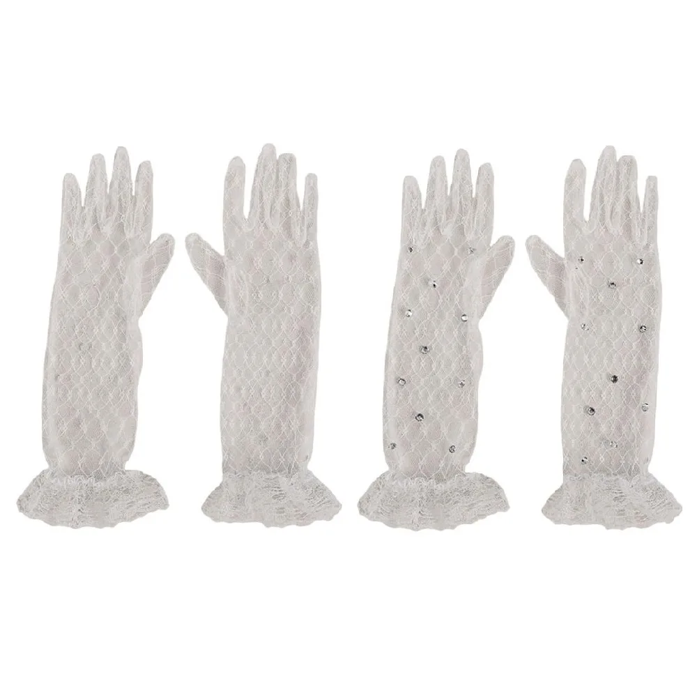 

2Pairs White Children's Lace Gloves Bright Rhinestone Elegant Flower Girls Mittens Mesh 28cm Princess Gloves Cosplay Event