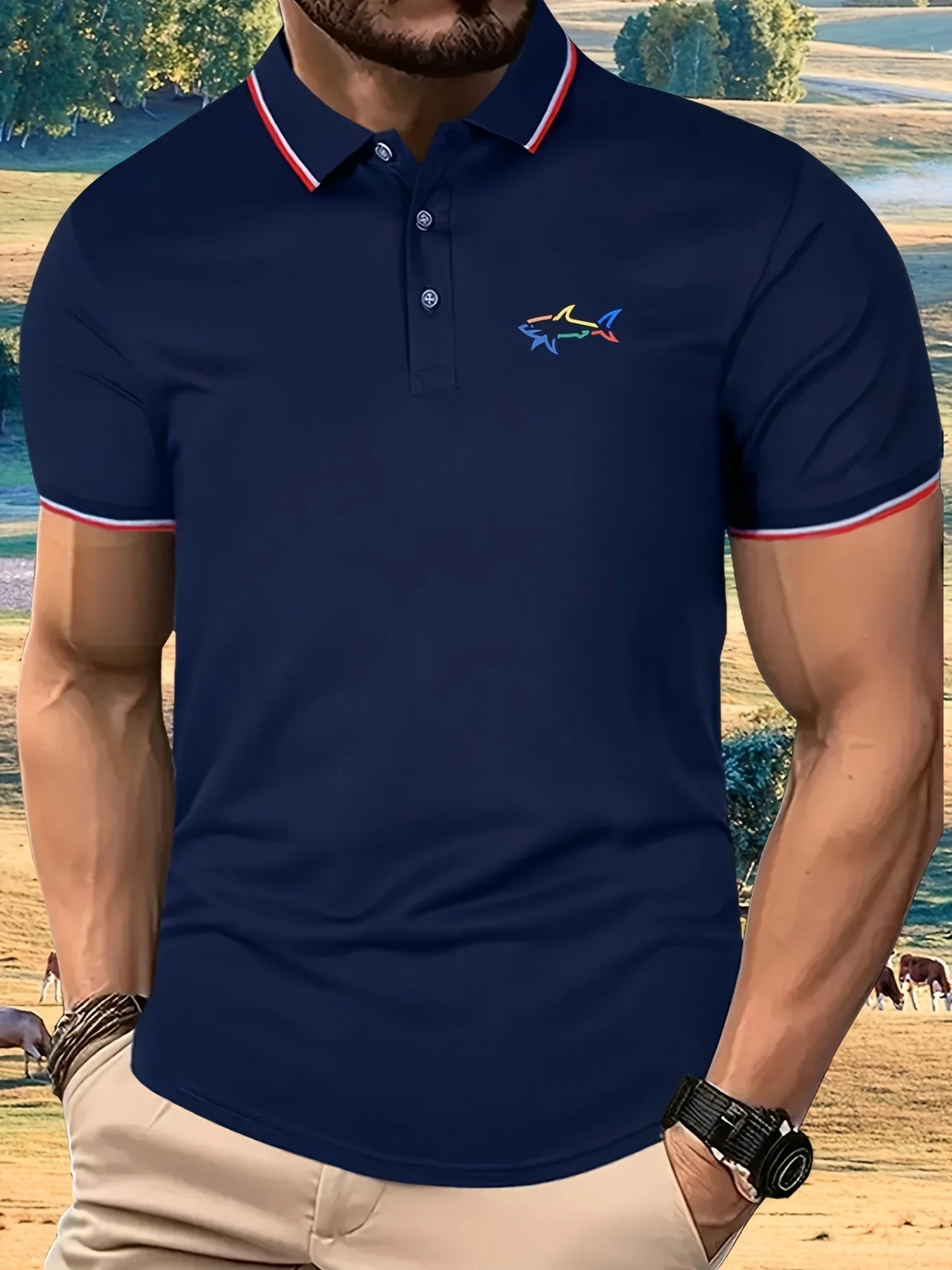 Men\'s Summer 100% Cotton Colorful Shark Pattern Printed Loose Large Casual Polo Collar Short Sleeve POLO Shirt Top