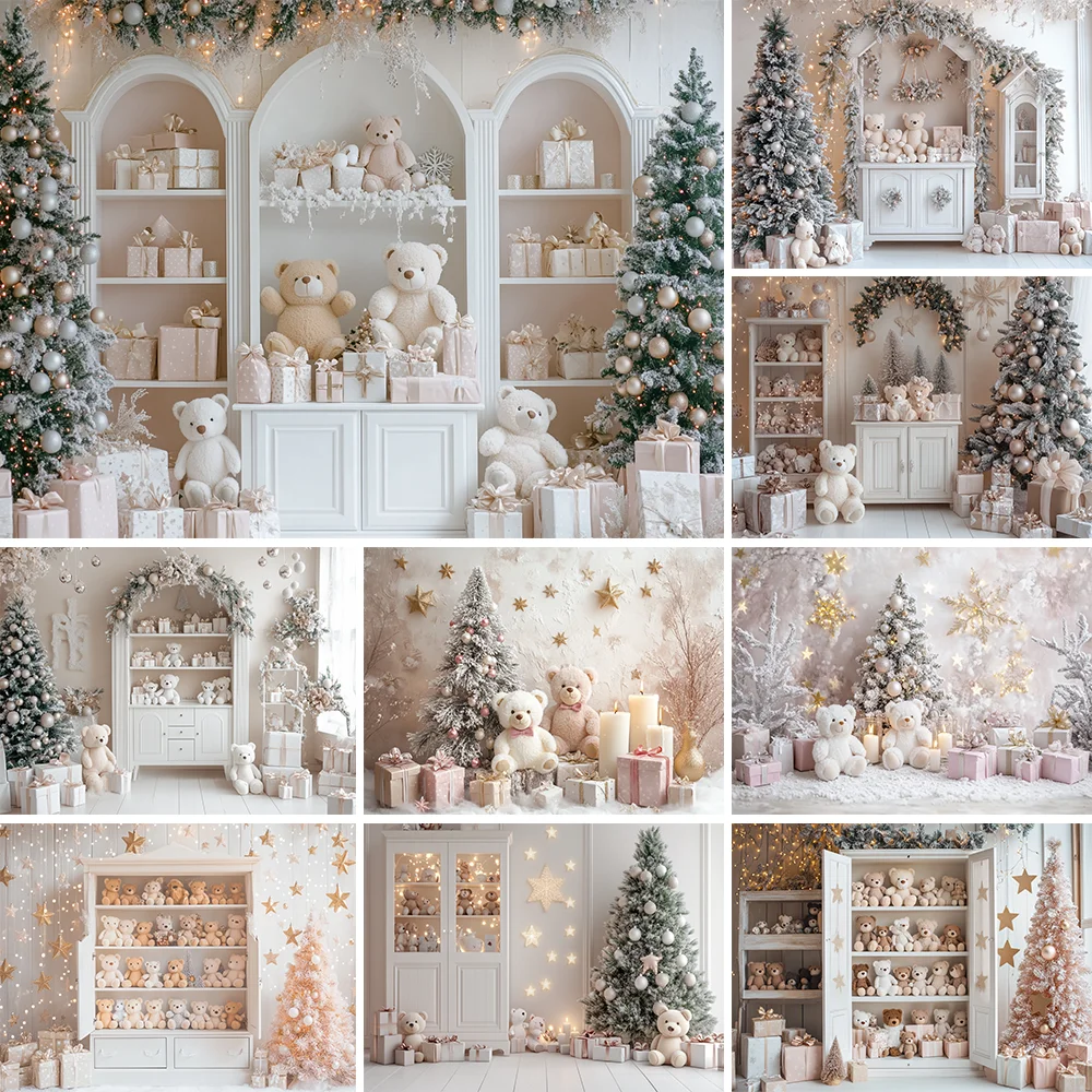 

White Christmas Photography Background Silver Xmas Tree Decor Bear Shiny Backdrop Kid Winter Dreamy Birthday Party Photo
