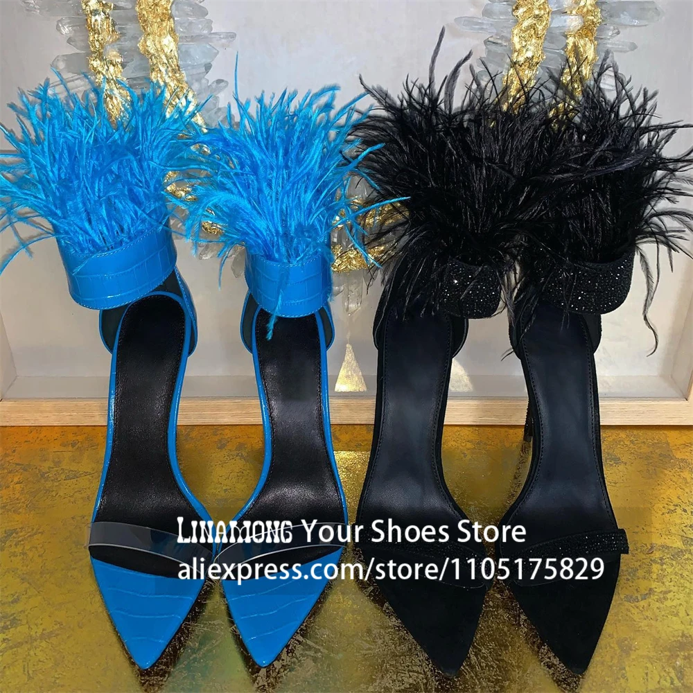 Blue Crocodile Embossed Feather Sandals Ankle Strap Stiletto Heeled Summer Shoes Pointed Toe Ankle Cuff Back Zip Women's Sandals