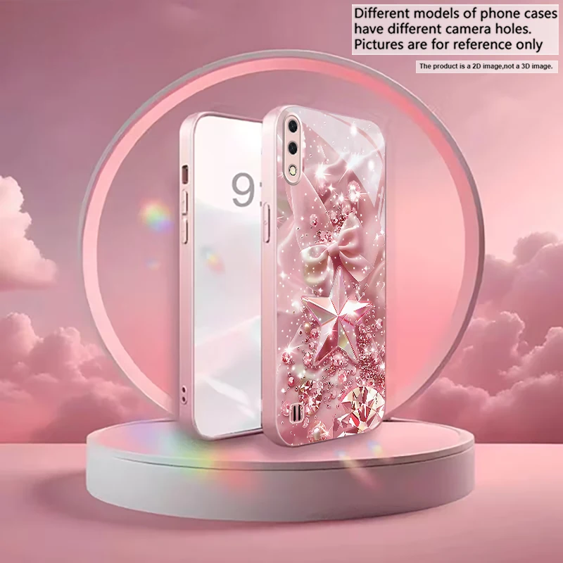 Bow Crystal Star Glitter Pink Metallic Glass Phone Case For Samsung A01/A02/A03 Core/A04/A04e/A05/A05s/A07/A70/A71/72 Back Cover view 2