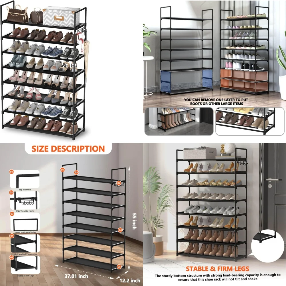 

Shoe Rack Organizer 8 Tier Stackable Adjustable Shoe Storage Closet for 32 Pairs Non Woven Fabric Easy Assembly Space Saving