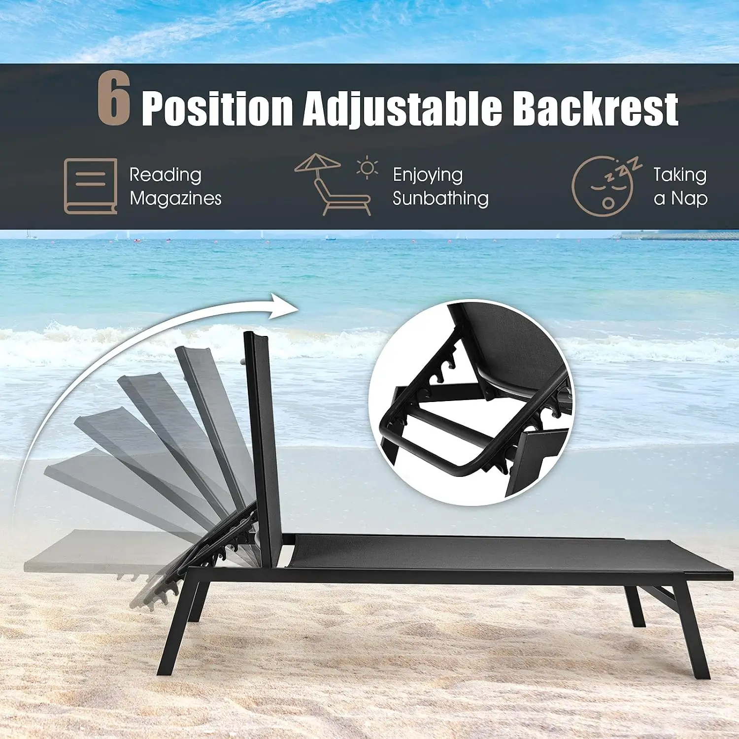 Adjustable Chaise Lounge w/ 6-Position Backrest, Breathable Fabric, Poolside Backyard Garden Outdoor, 2-Pack Black, Customized