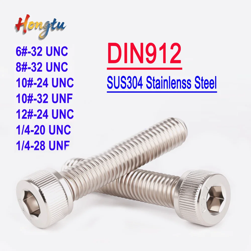 DIN912 Full Threaded Hex Socket Screws - SUS304 A2 Stainless Steel, Knurled Cap Head, UNC/UNF (6#-12# & 1/4'')