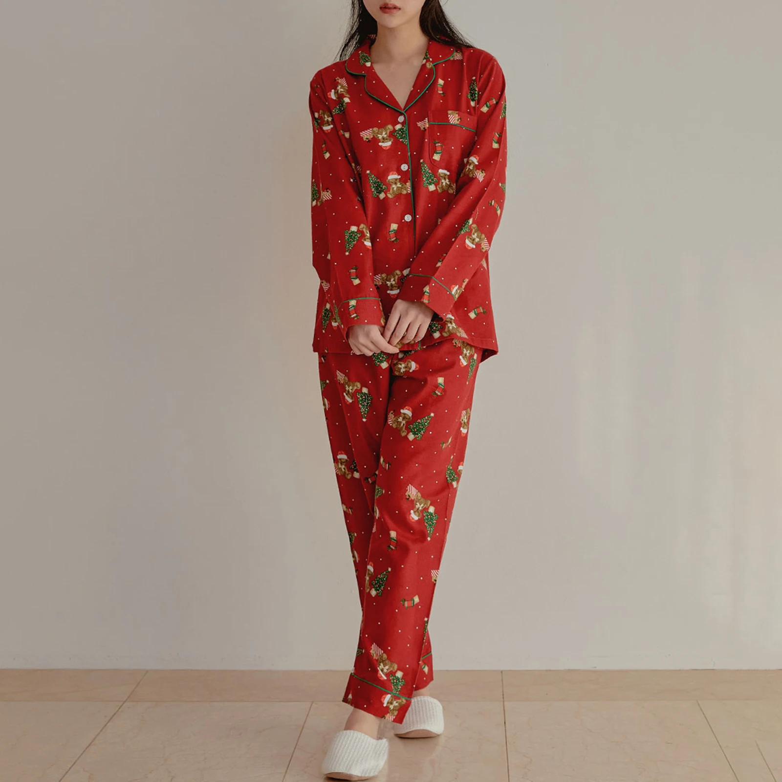 HEZIOWYUN Women's Christmas Pajamas Set Tree Bear Print Lapel Neck Long Sleeve Shirt Tops with Pants 2Piece Sleepwear Loungewear