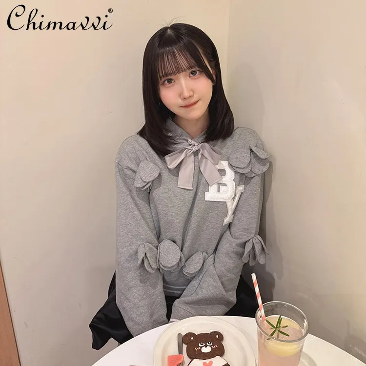 

New Japanese Style Sweet Grey Hoodies Spring Women's Sweet 3D Flower B Letter Embroidered Hooded Sweatshirts Casual Tops
