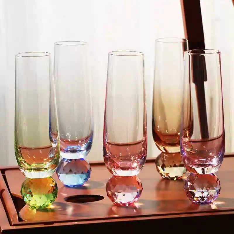 Colorful Crystal Glass Wine Cup Champagne Glass with Diamond Ball Goblet Cock Tail Glass Handle Gradient Water Cup