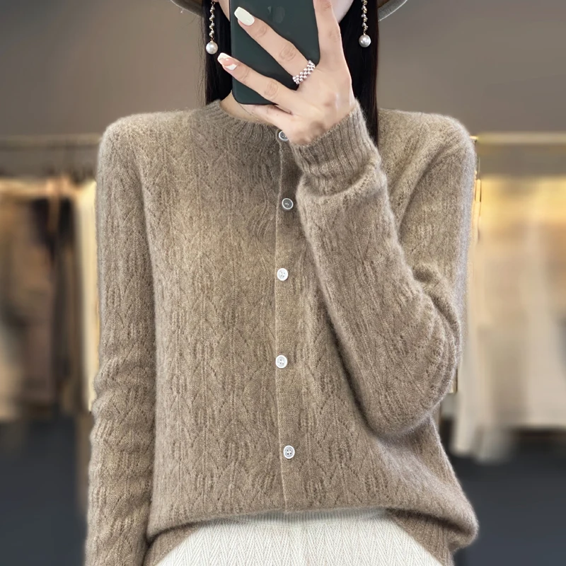 Spring and summer new 100% pure wool cardigan female leaves hollow knitting thin cardigan sweater fashion top