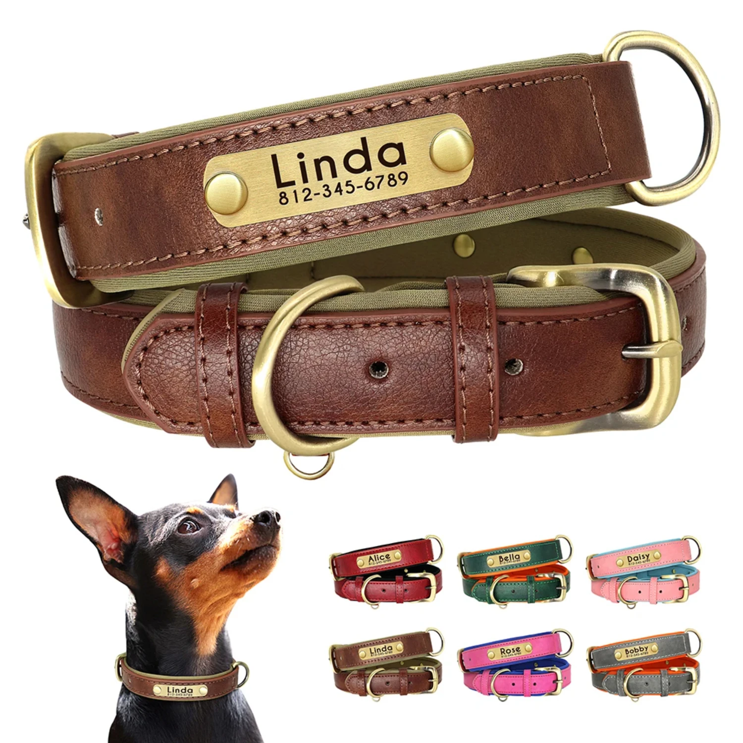 Custom Leather Dog Collar Soft Padded Dog Collars Personalized Pet ID Necklace Free Engraved Name Paw  Small Medium Dogs Pug Dog