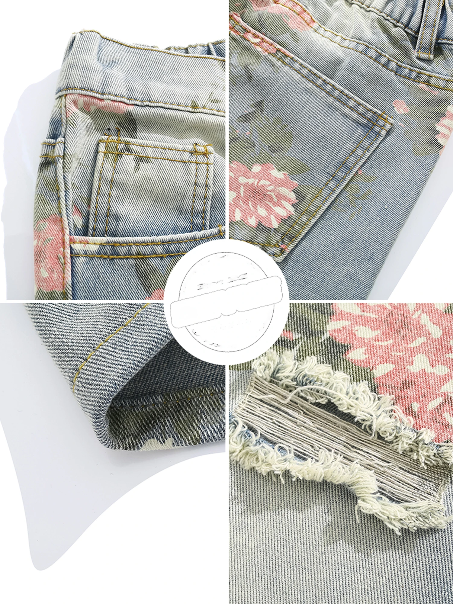 المرأة الأزرق ممزق الدينيم السراويل 2000s Y2k كبيرة الحجم طول الركبة شورت جينز Harajuku خمر زهرة طباعة كاوبوي سراويل قصيرة #3