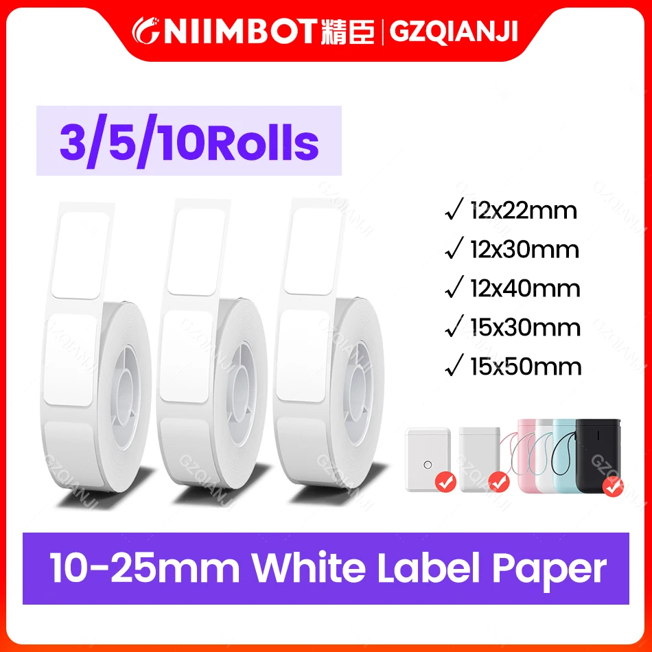 

3/5/10 Roll Niimbot White Label Thermal Paper for D11 D110 D101 Printer Sticker Paper Rolls Waterproof Anti-Oil Tear-Resistant