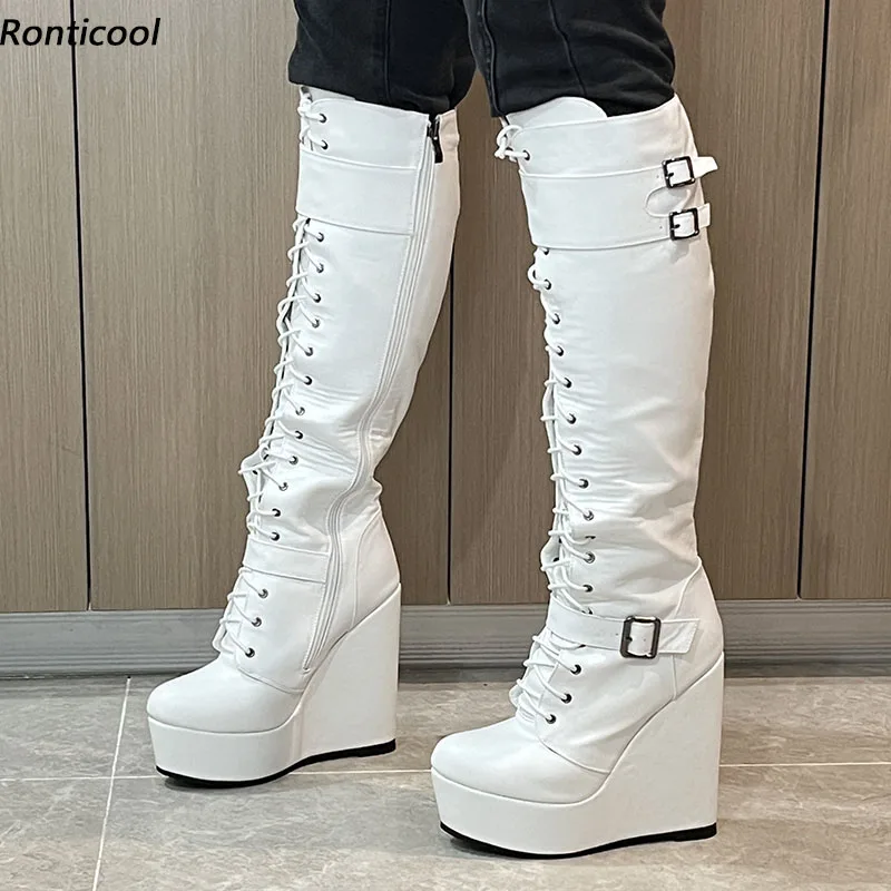 

Ronticool Handmade Women Winter Knee Boots Faux Leather Wedges Heels Round Toe Buckle Beautiful White Shoes Plus US Size 5-20