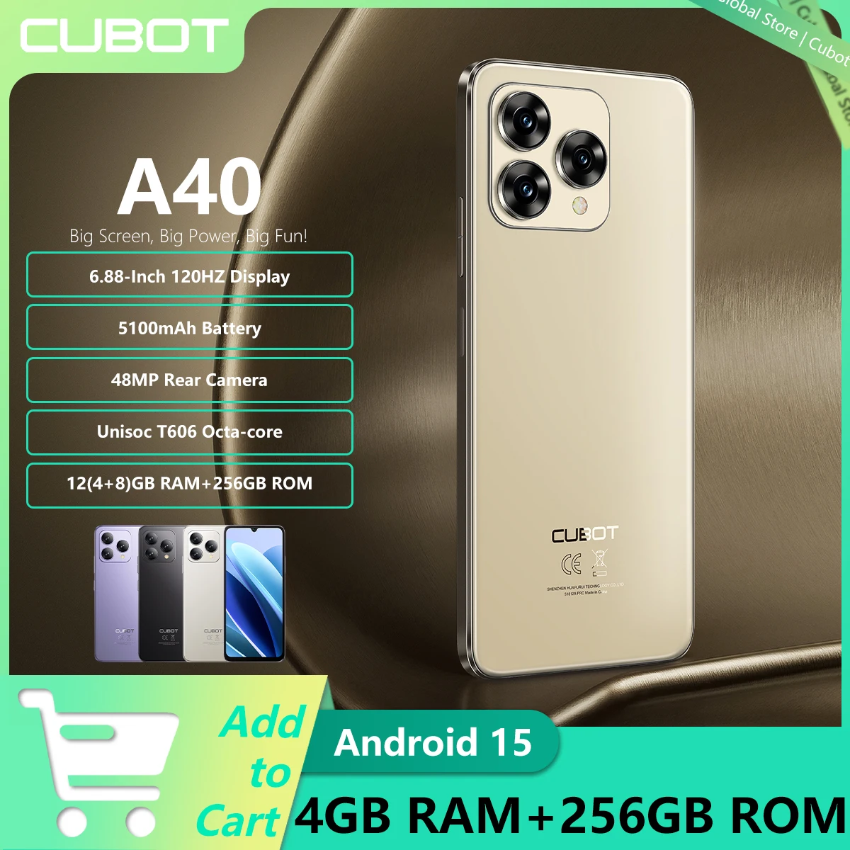Cubot A40 Smartphone 6.88-Inch 120Hz Screen 48MP Rear Camera 12(4+8)GB RAM+256GB ROM Unisoc T606 4G 5100mAh Android 15 Phone NFC