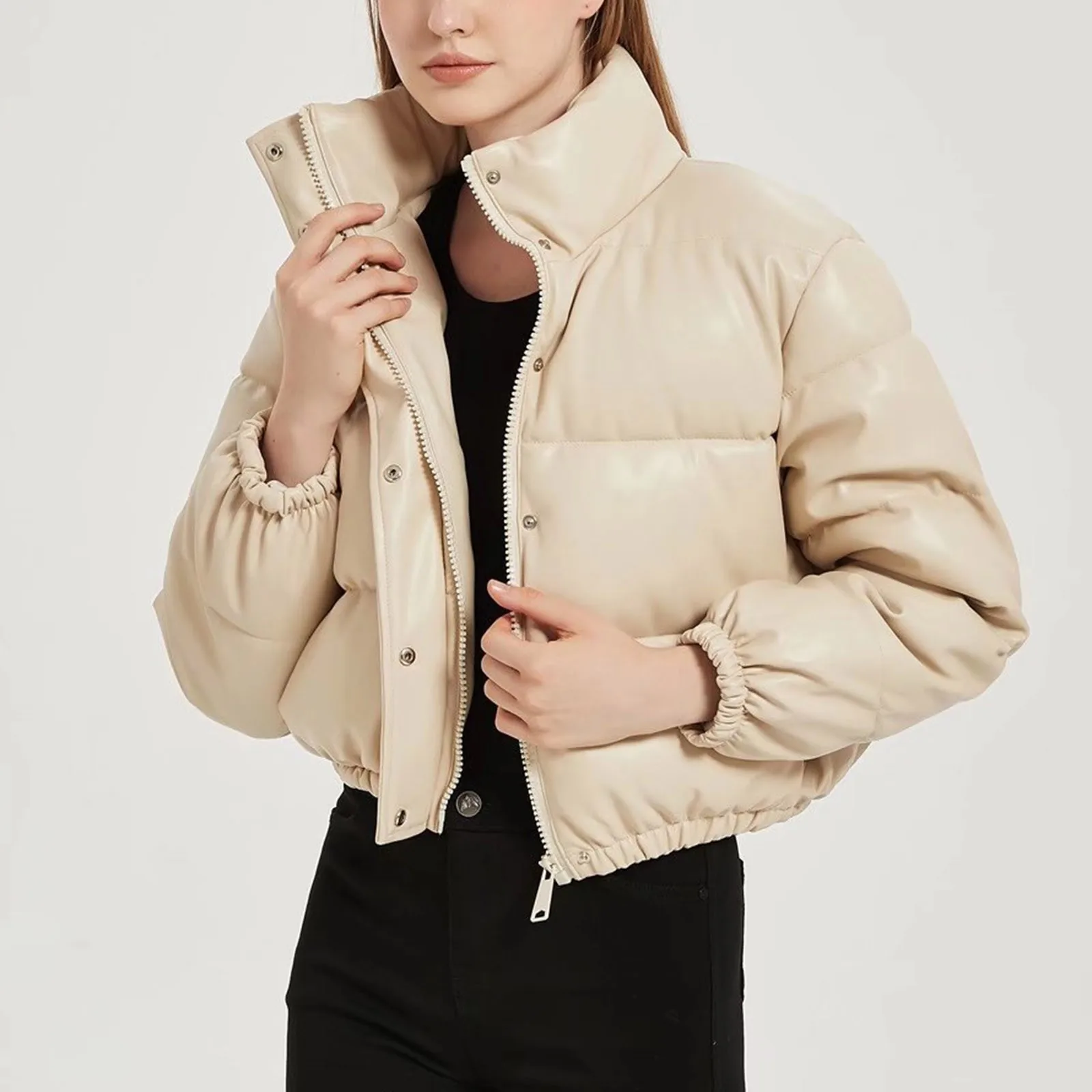 Abrigos gruesos de cuero Pu para mujer, Parkas acolchadas de algodón a la moda, chaqueta elegante con cuello alto y cremallera, invierno, 4