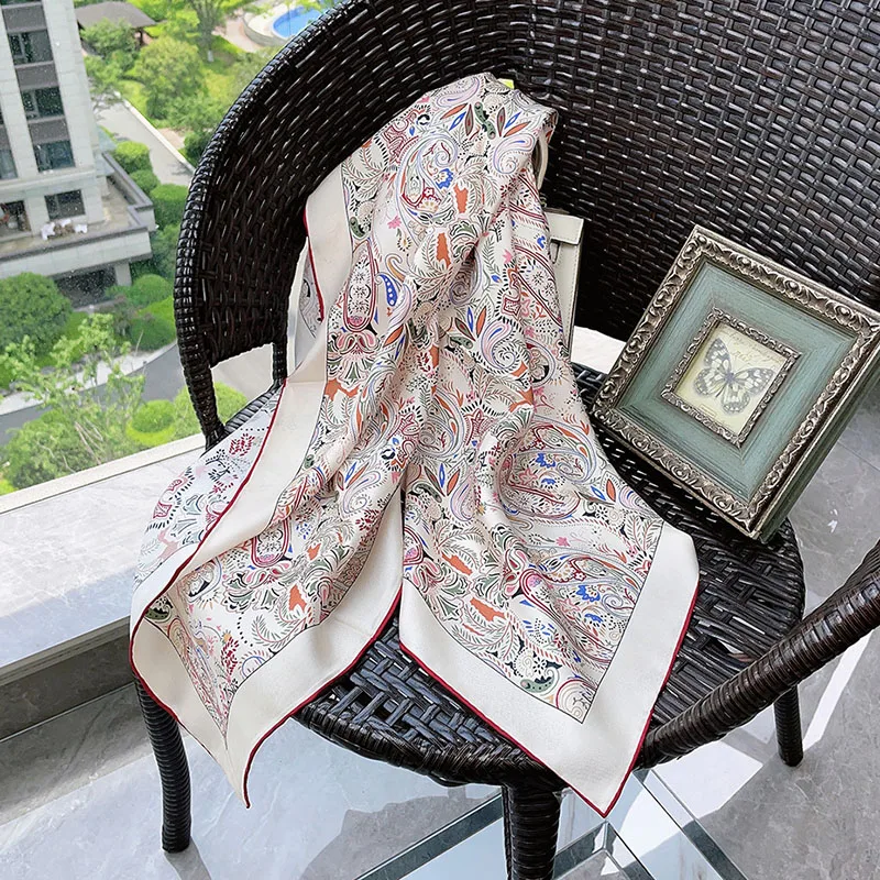 ペイズリープリント 100% シルクスカーフ ネッカチーフ ラージスクエアヘッドスカーフ ヒジャブ ヘアラッピング用 35インチX35インチ