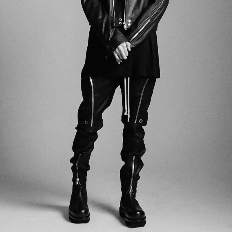 

k Sle Street RO Multi-Zipper Work Pants Slim Fit Cuffed Long Trousers Youthful Spring Casual Bla ey White