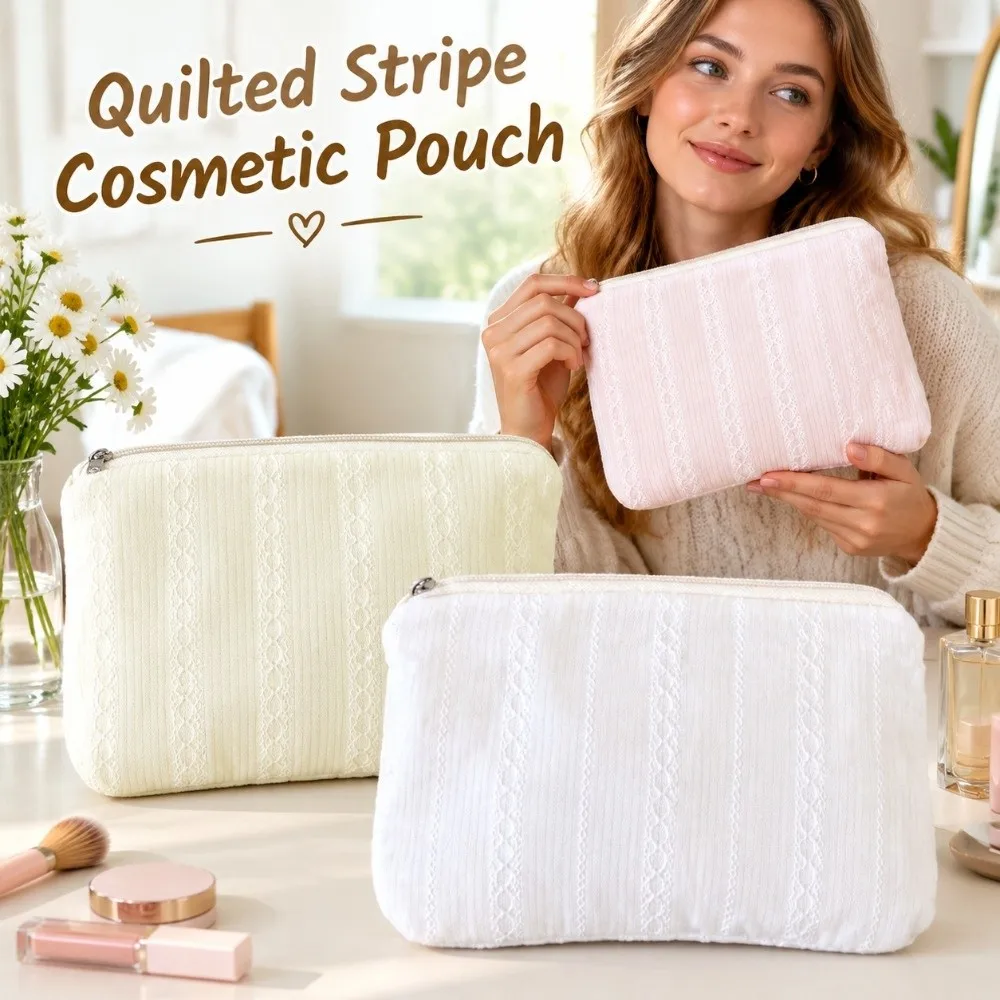 New Quilted Cosmetic Pouch Vertical Stripe Multifunctional Storage Bag Soft Large Capacity Coin Purse For Women