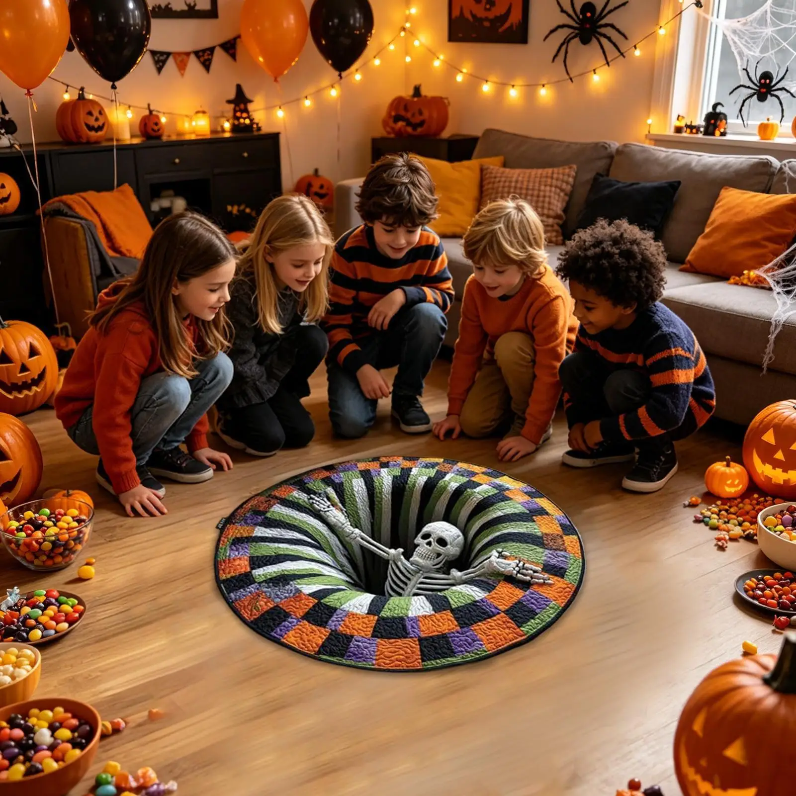 3D Visual Vortex Ghost Print Round Rug Non Slip Waterproof Floor Mat Halloween Spiral Optical Illusion Home Party Entrance Decor